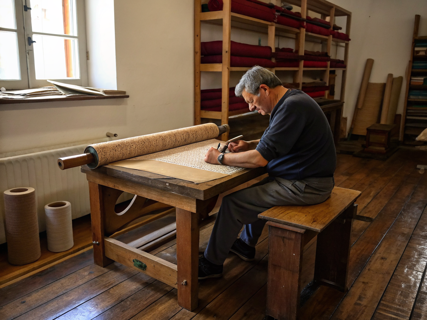 Master textile restorer examining antique Persian rug fibers under specialized workshop lighting