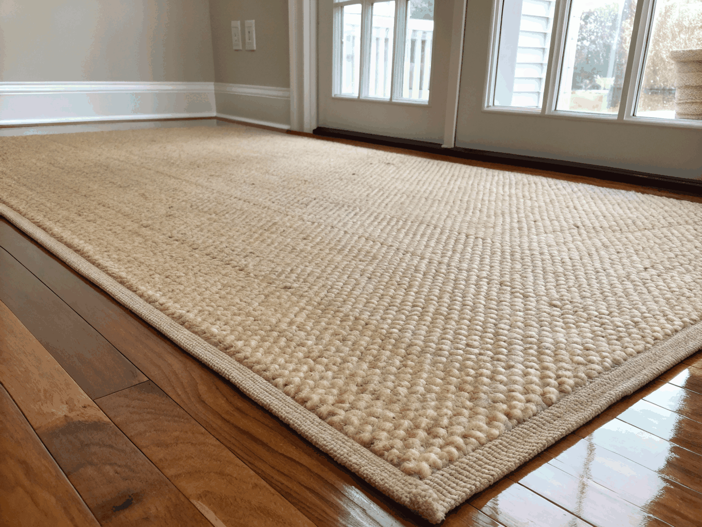 Water droplets beading cleanly on protected luxury wool rug surface