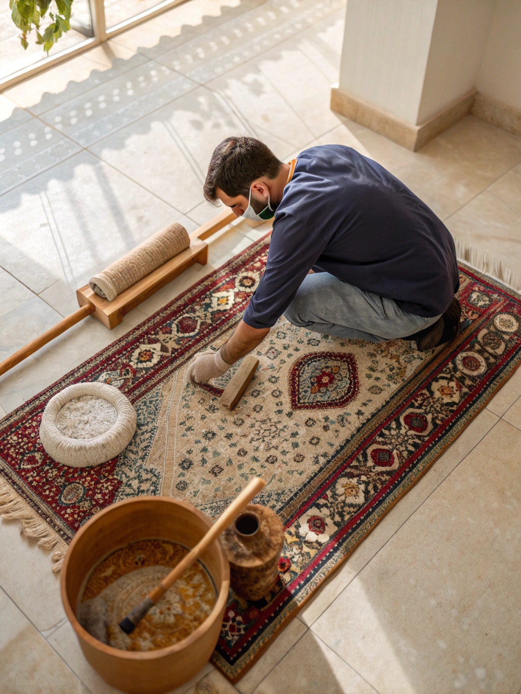 Artisan technician carefully washing a high-end Persian rug in Spotsylvania VA