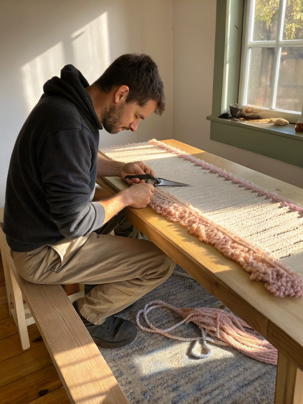 Master rug artisan hand-weaving antique rug fringe in workshop