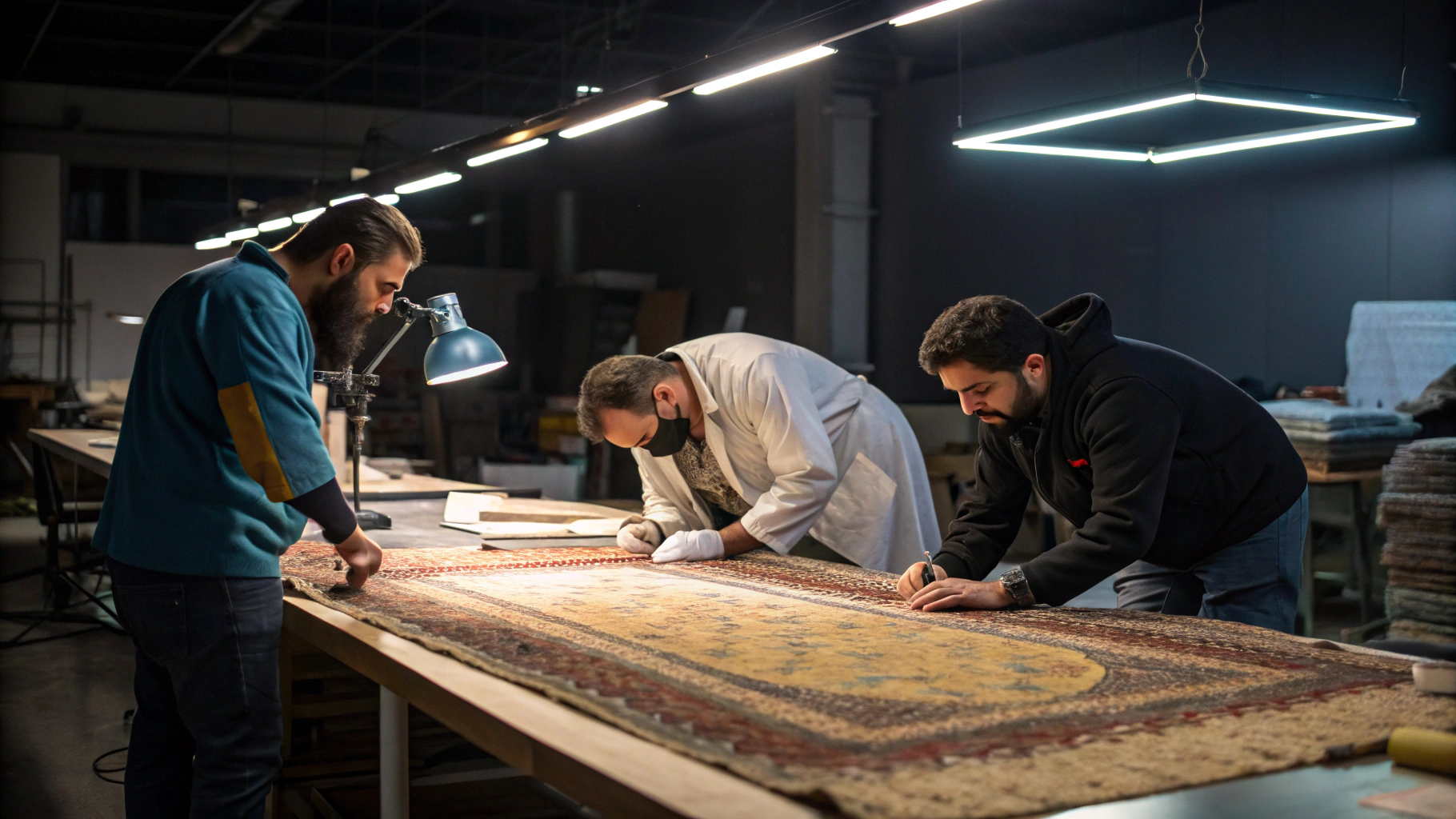 Skilled technician washing an authentic oriental Persian rug inside a luxury indoor textile cleaning workshop