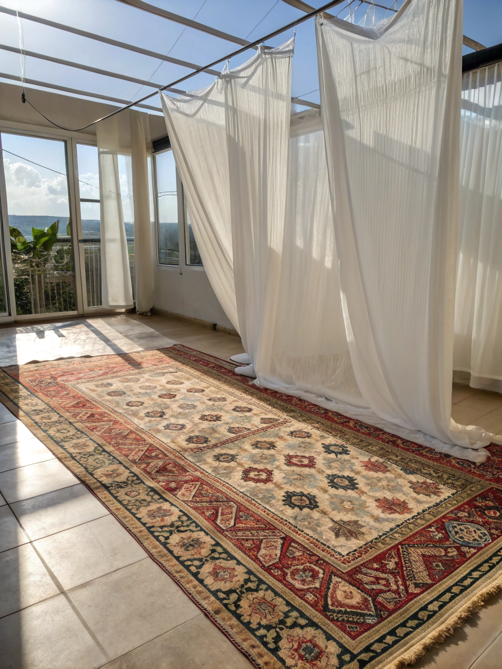 Oriental rug hanging in climate-controlled drying conservatory